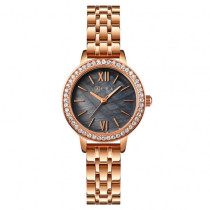 AFRA Ornate Lady's Watch, Rose Gold Metal Alloy Case, Rose Gold Bracelet Strap, Black Dial, Water Resistant 30m