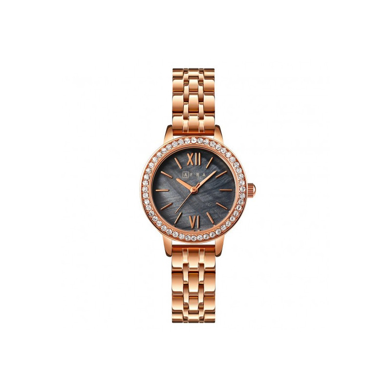 AFRA Ornate Lady's Watch, Rose Gold Metal Alloy Case, Rose Gold Bracelet Strap, Black Dial, Water Resistant 30m