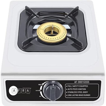 AFRA Japan Single Burner Gas Stove, Compact Design, Cast Iron Burner, Enamel Pan Support, Stainless Steel Surface, G-MARK, ESMA, ROHS, and CB Certified, 2 years warranty