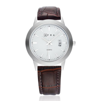 AFRA Lumen Gentleman's Watch, Silver Stainless Steel Case, Japanese Design, Time & Date, Leather Strap, Water Resistant 30m, Brown
