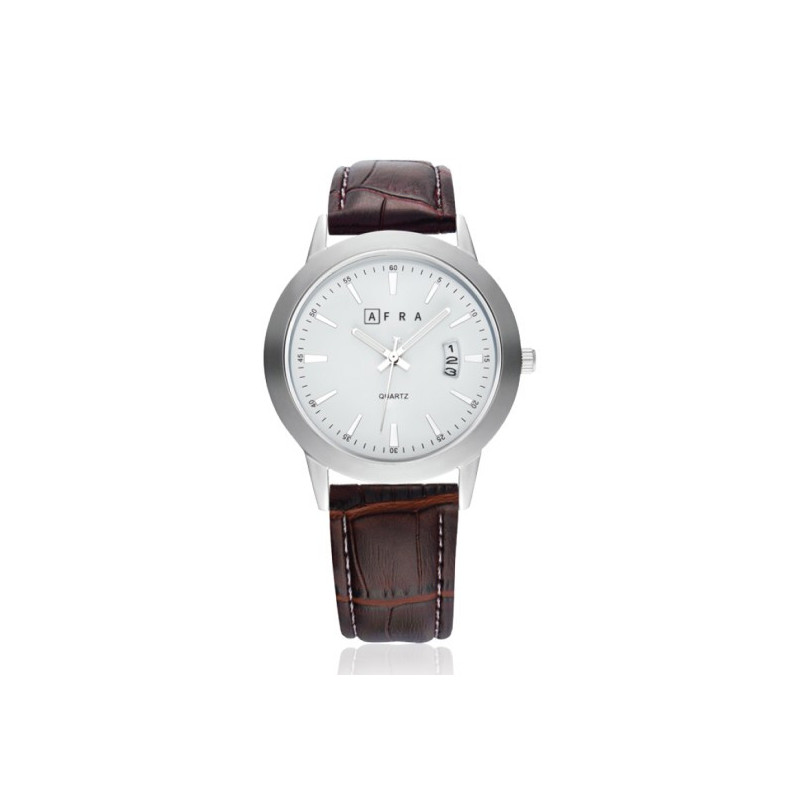 AFRA Lumen Gentleman's Watch, Silver Stainless Steel Case, Japanese Design, Time & Date, Leather Strap, Water Resistant 30m, Brown