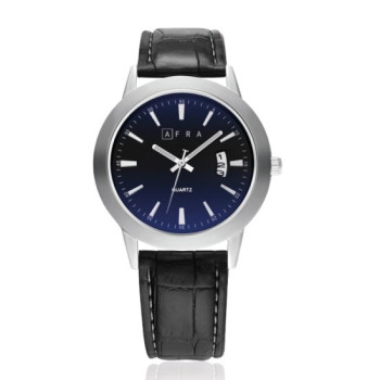 AFRA Lumen Gentleman's Watch, Silver Stainless Steel Case, Japanese Design, Time & Date, Leather Strap, Water Resistant 30m, Black