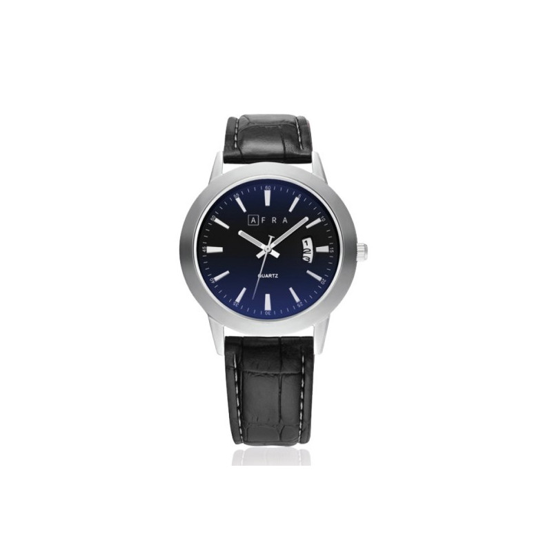 AFRA Lumen Gentleman's Watch, Silver Stainless Steel Case, Japanese Design, Time & Date, Leather Strap, Water Resistant 30m, Black