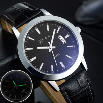 AFRA Lumen Gentleman's Watch, Silver Stainless Steel Case, Japanese Design, Time & Date, Leather Strap, Water Resistant 30m, Black