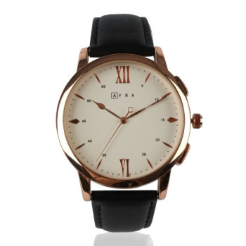 AFRA Dazzler Gentleman's Watch, Japanese Quartz, Rose Gold Stainless Steel Case, Leather Strap, Water Resistant 30m, Black