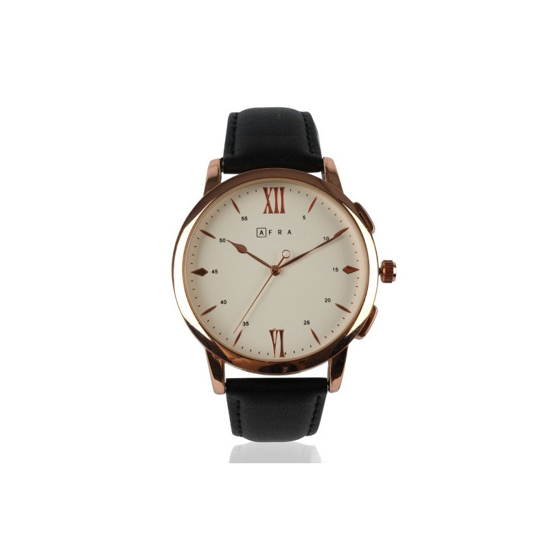 AFRA Dazzler Gentleman's Watch, Japanese Quartz, Rose Gold Stainless Steel Case, Leather Strap, Water Resistant 30m, Black