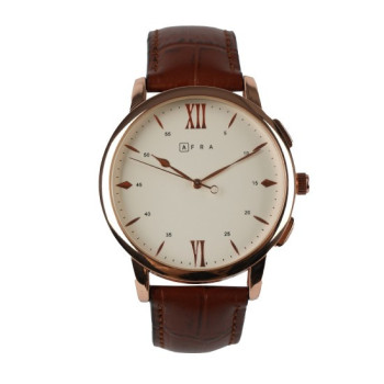 AFRA Dazzler Gentleman's Watch, Japanese Quartz, Rose Gold Stainless Steel Case, Leather Strap, Water Resistant 30m, Brown