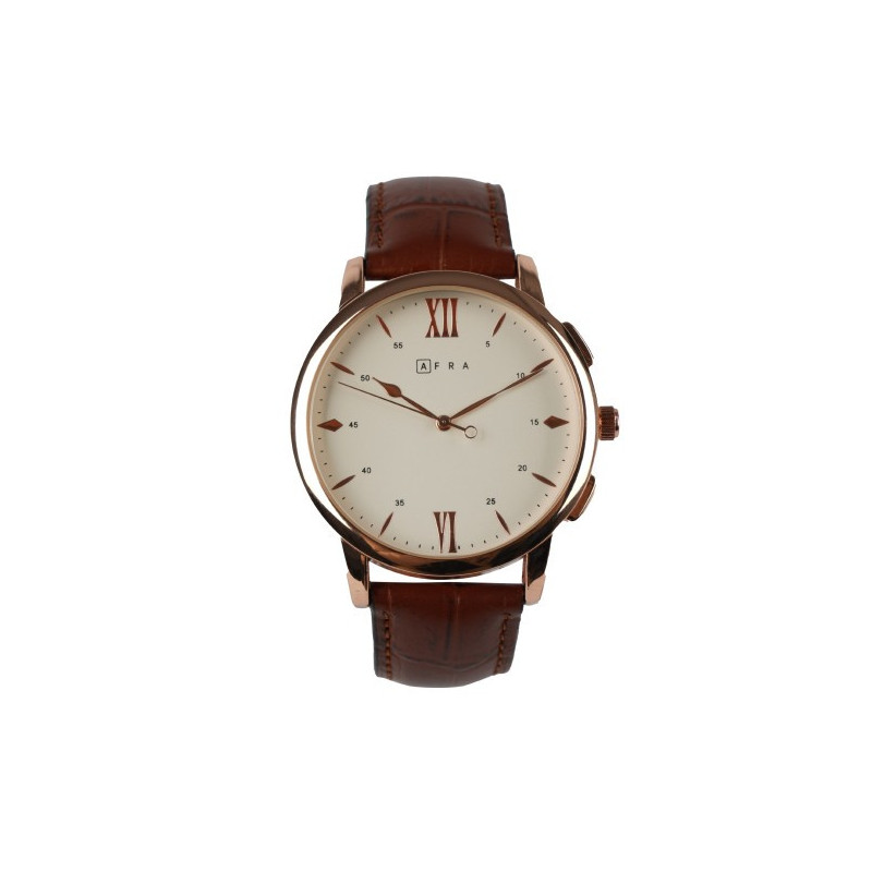 AFRA Dazzler Gentleman's Watch, Japanese Quartz, Rose Gold Stainless Steel Case, Leather Strap, Water Resistant 30m, Brown