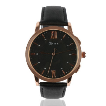 AFRA Dazzler Gentleman's Watch, Japanese Quartz, Rose Gold Stainless Steel Case, Leather Strap, Water Resistant 30m, Rose Gold/Black