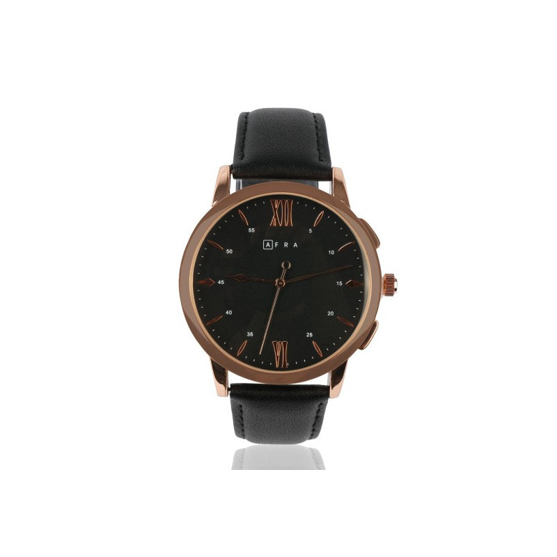 AFRA Dazzler Gentleman's Watch, Japanese Quartz, Rose Gold Stainless Steel Case, Leather Strap, Water Resistant 30m, Rose Gold/Black