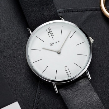 AFRA Urbanite Gentleman's Watch, Leather Strap, Japanese Quartz, Water Resistant 30m, Black/White