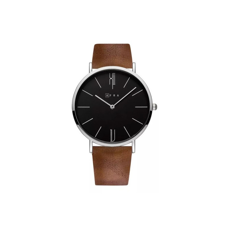 AFRA Urbanite Gentleman's Watch, Leather Strap, Japanese Quartz, Water Resistant 30m. Black/Brown