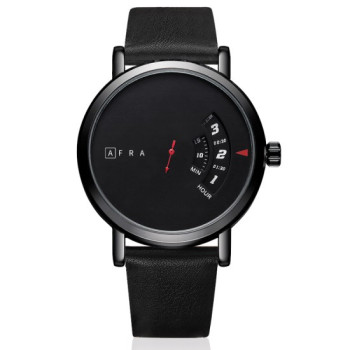 AFRA Phantom Gentleman's Watch, Metal Case, Black Dial, Leather Strap, Water Resistant 30m, Black