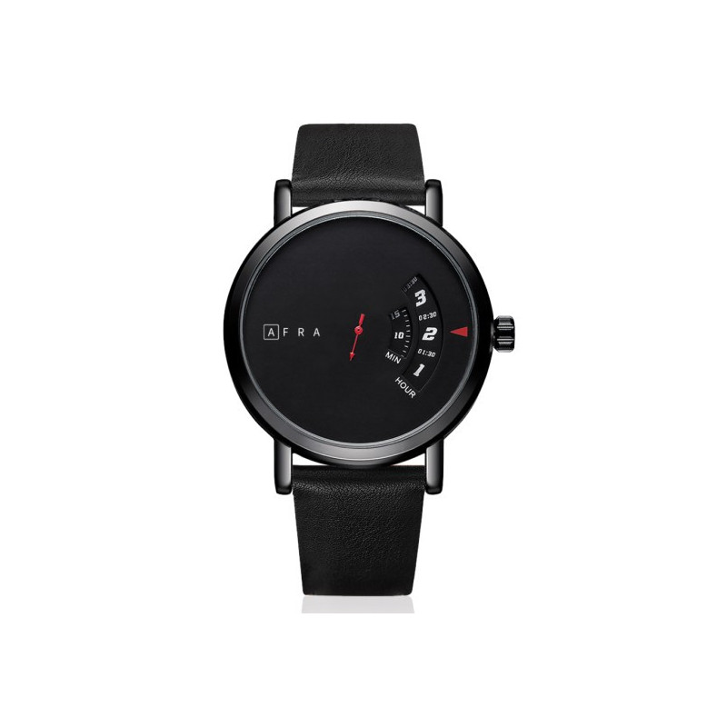 AFRA Phantom Gentleman's Watch, Metal Case, Black Dial, Leather Strap, Water Resistant 30m, Black