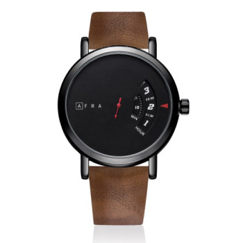 AFRA Phantom Gentleman's Watch, Metal Case, Black Dial, Leather Strap, Water Resistant 30m, Black/Brown