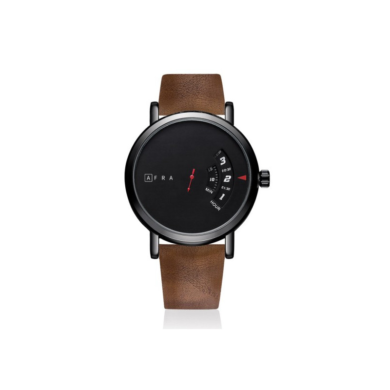 AFRA Phantom Gentleman's Watch, Metal Case, Black Dial, Leather Strap, Water Resistant 30m, Black/Brown