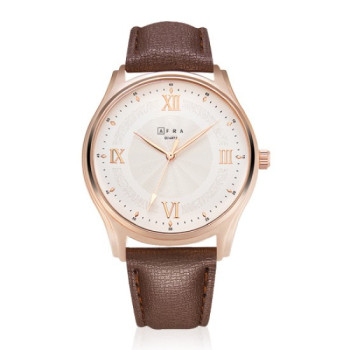 AFRA Maximus Gentleman's Watch, Japanese Design, Rose Gold Case, Leather Strap, Water Resistant 30m, Brown