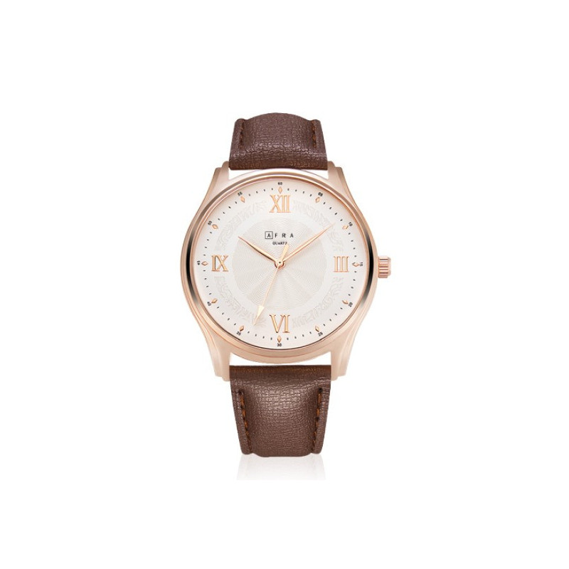 AFRA Maximus Gentleman's Watch, Japanese Design, Rose Gold Case, Leather Strap, Water Resistant 30m, Brown