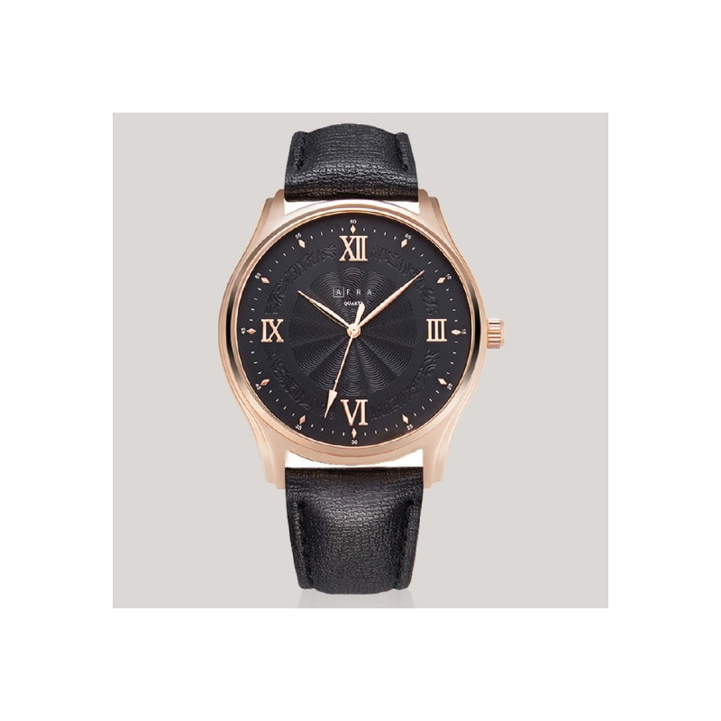 AFRA Maximus Gentleman's Watch, Japanese Design, Rose Gold Case, Leather Strap, Water Resistant 30m, Black