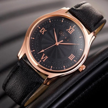 AFRA Maximus Gentleman's Watch, Japanese Design, Rose Gold Case, Leather Strap, Water Resistant 30m, Black