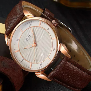 AFRA Conrad Gentleman's Watch, Japanese Design, Rose Gold Metal Alloy Case, Leather Strap, Water Resistant 30m, Rose Gold/Brown