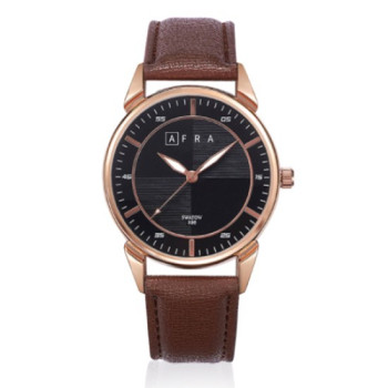 AFRA Conrad Gentleman's Watch, Japanese Design, Rose Gold Metal Alloy Case, Leather Strap, Water Resistant 30m, Black/Brown