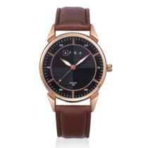 AFRA Conrad Gentleman's Watch, Japanese Design, Rose Gold Metal Alloy Case, Leather Strap, Water Resistant 30m, Black/Brown