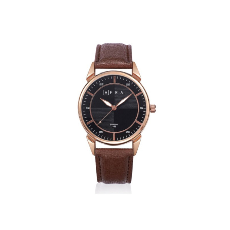 AFRA Conrad Gentleman's Watch, Japanese Design, Rose Gold Metal Alloy Case, Leather Strap, Water Resistant 30m, Black/Brown