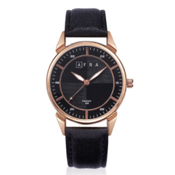 AFRA Conrad Gentleman's Watch, Japanese Design, Rose Gold Metal Alloy Case, Leather Strap, Water Resistant 30m, Black