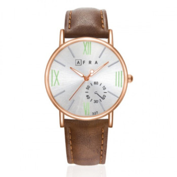 AFRA Triton Gentleman's Watch, Japanese Design, Rose Gold Metal Alloy Case, Leather Strap, Water Resistant 30m, Brown