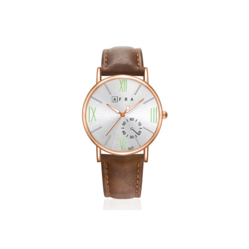 AFRA Triton Gentleman's Watch, Japanese Design, Rose Gold Metal Alloy Case, Leather Strap, Water Resistant 30m, Brown