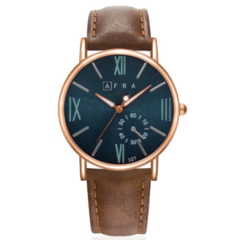 AFRA Triton Gentleman's Watch, Japanese Design, Rose Gold Metal Alloy Case, Blue Dial, Brown Leather Strap, Water Resistant 30m