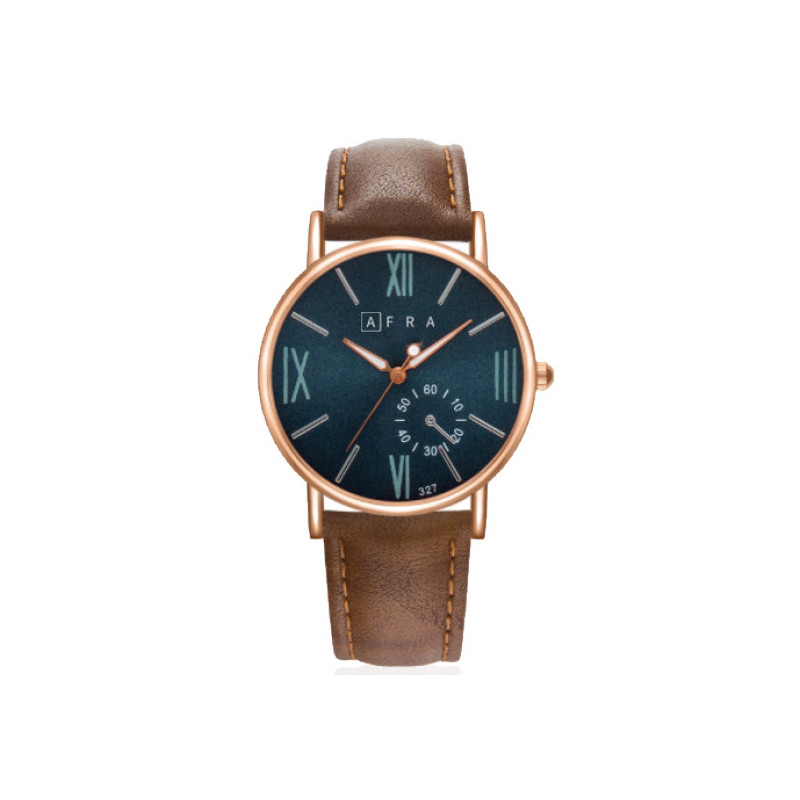 AFRA Triton Gentleman's Watch, Japanese Design, Rose Gold Metal Alloy Case, Blue Dial, Brown Leather Strap, Water Resistant 30m