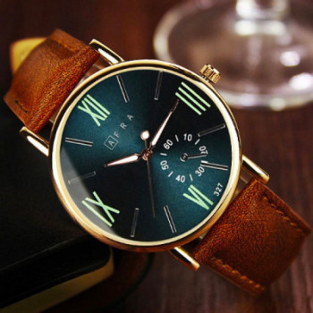 AFRA Triton Gentleman's Watch, Japanese Design, Rose Gold Metal Alloy Case, Blue Dial, Brown Leather Strap, Water Resistant 30m