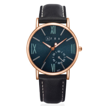 AFRA Triton Gentleman's Watch, Japanese Design, Rose Gold Metal Alloy Case, Blue Dial, Black Leather Strap, Water Resistant 30m