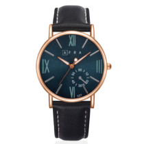AFRA Triton Gentleman's Watch, Japanese Design, Rose Gold Metal Alloy Case, Blue Dial, Black Leather Strap, Water Resistant 30m