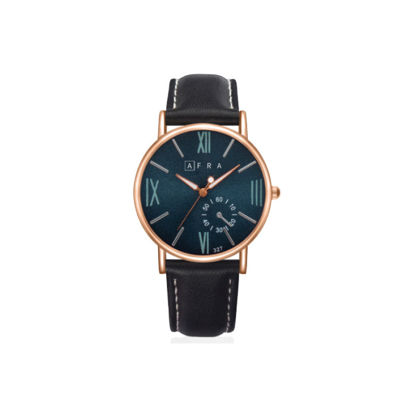 AFRA Triton Gentleman's Watch, Japanese Design, Rose Gold Metal Alloy Case, Blue Dial, Black Leather Strap, Water Resistant 30m