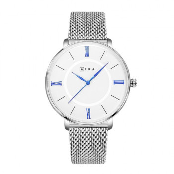 AFRA Ambrose Gentleman's Watch, Japanese Design, Silver Alloy Case, White Dial, Silver Mesh Bracelet Strap, Water Resistant 30m