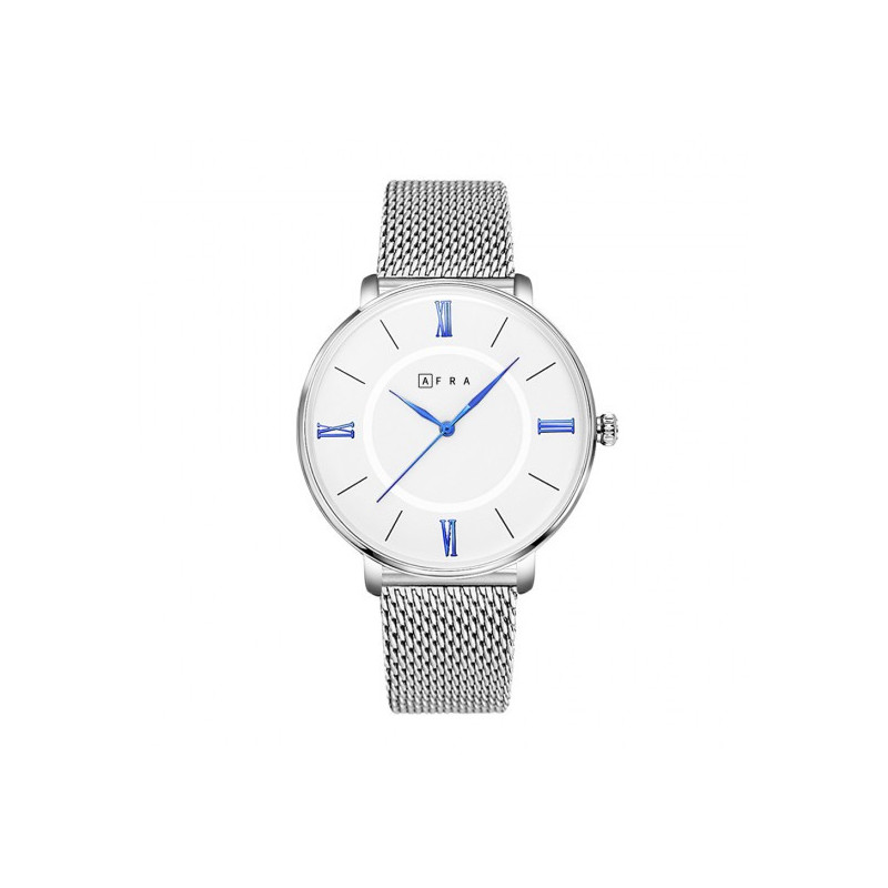 AFRA Ambrose Gentleman's Watch, Japanese Design, Silver Alloy Case, White Dial, Silver Mesh Bracelet Strap, Water Resistant 30m