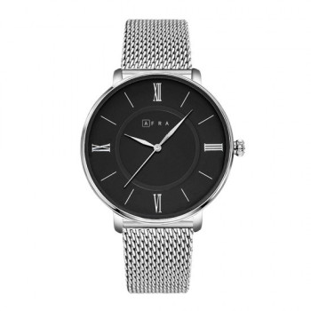 AFRA Ambrose Gentleman's Watch, Japanese Design, Silver Alloy Case, Black Dial, Silver Mesh Bracelet Strap, Water Resistant 30m
