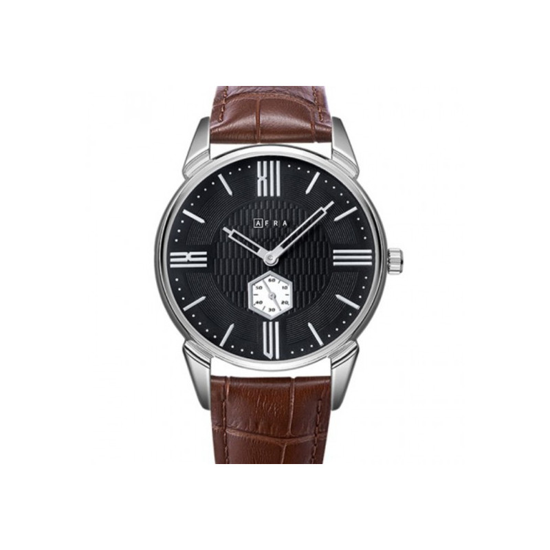 AFRA Moment Gentleman's Watch, Japanese Design, Silver Metal Case, Black Dial, Brown Leather Strap, Water Resistant 30m