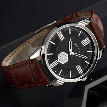 AFRA Moment Gentleman's Watch, Japanese Design, Silver Metal Case, Black Dial, Brown Leather Strap, Water Resistant 30m