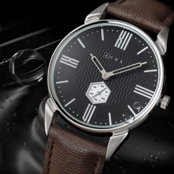 AFRA Moment Gentleman's Watch, Japanese Design, Silver Metal Case, Black Dial, Brown Leather Strap, Water Resistant 30m
