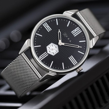 AFRA Moment Gentleman's Watch, Japanese Design, Silver Metal Case, Black Dial, Silver Mesh Bracelet, Water Resistant 30m