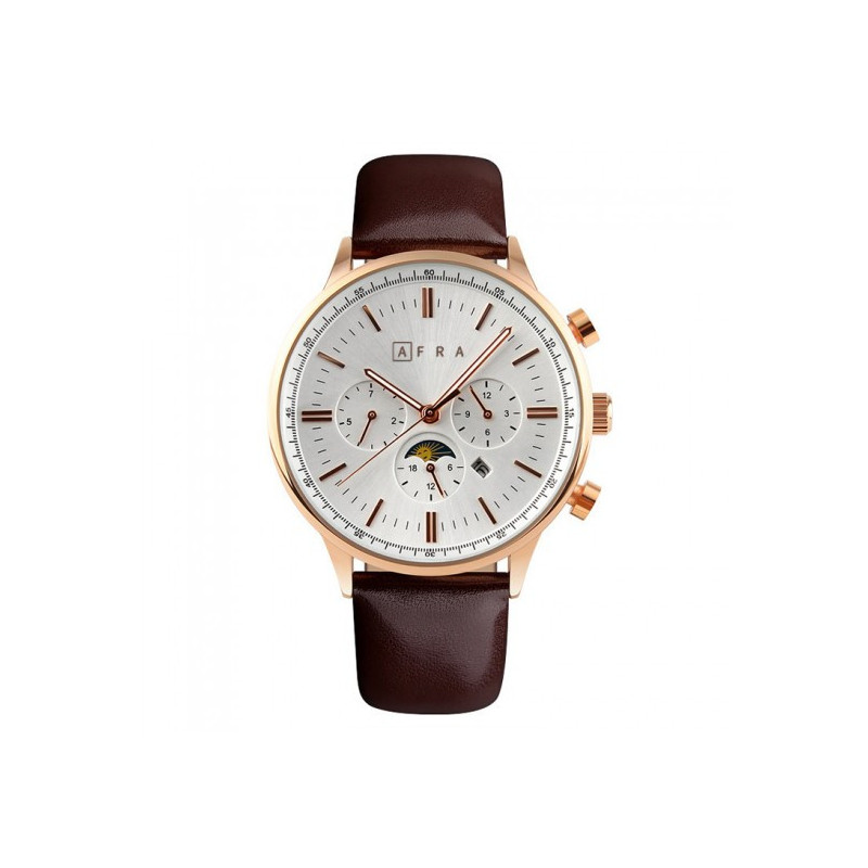AFRA Crescent Gents Watch Rose Gold Case White Dial Brown Leather Water Resistant 30m
