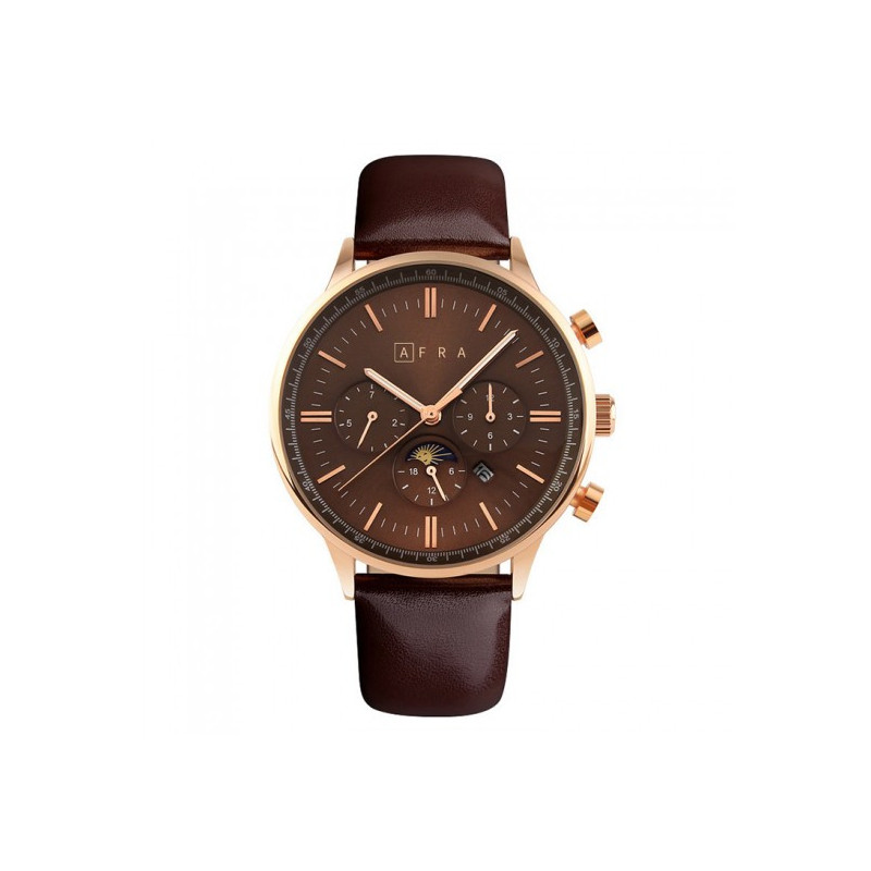 AFRA Crescent Gents Watch Rose Gold Case Brown Dial Brown Leather, Water Resistant 30m