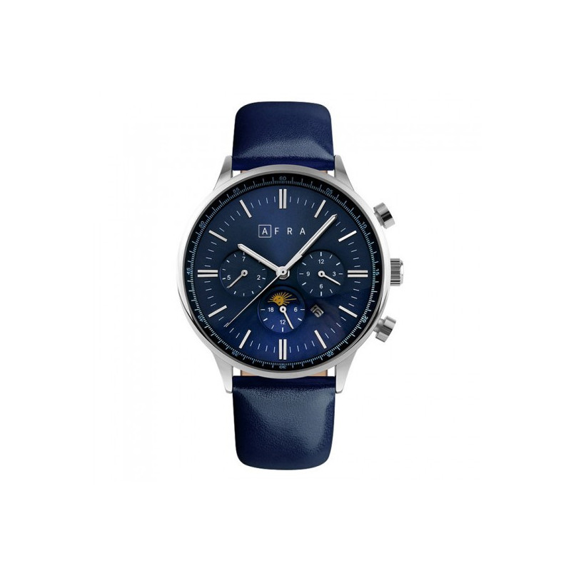 AFRA Crescent Gents Watch Silver Case Blue Dial Blue Leather, Water Resistant 30m