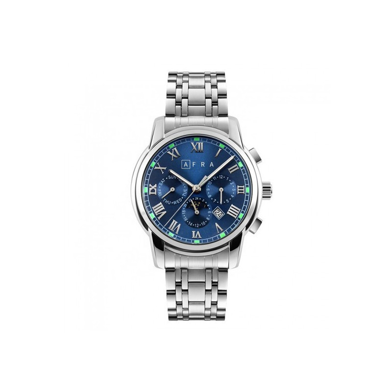 AFRA Moonstone Gents Watch Silver Case Blue Dial Silver Bracelet, Water Resistant 30m