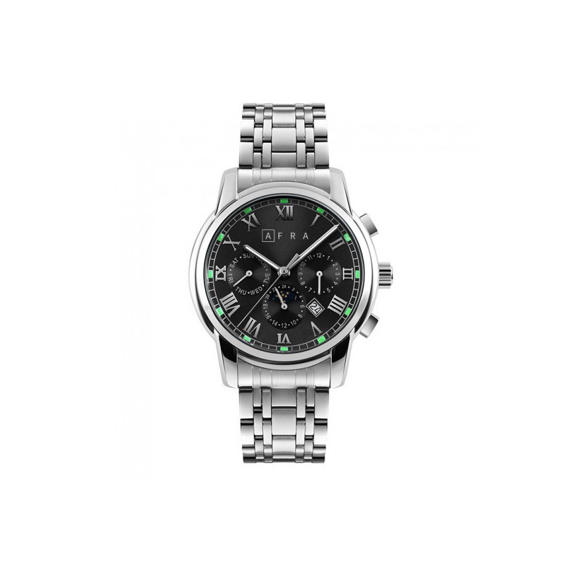 AFRA Moonstone Gents Watch Silver Case Black Dial Silver Bracelet, Water Resistant 30m