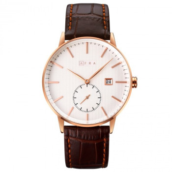 AFRA Radius Gentleman's Watch, Lightweight Rose Gold Metal Case, Brown Leather Strap, White Dial, Water Resistant 30m